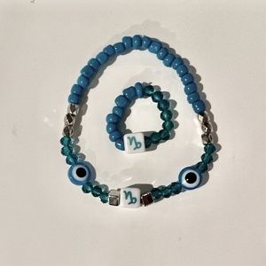 “CAPRICORN” ZODIAC BEADED RING & BRACELET COMBO SET, ONE SIZE, SILVER/AQUA